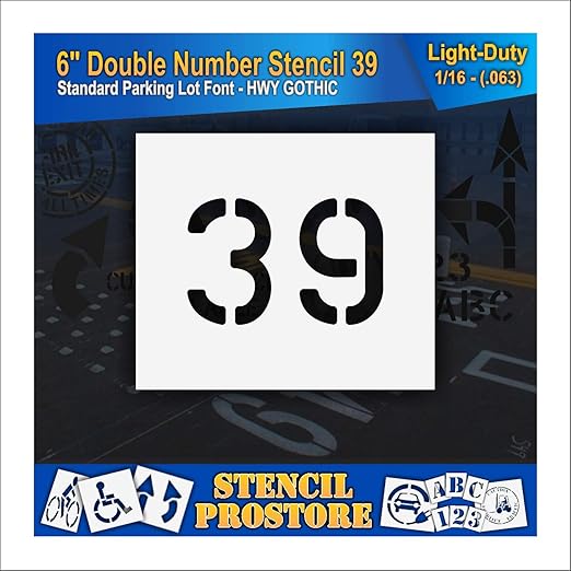 Pavement, Curb, and WheelStop Stencils - 6 inch Double Number Stencil - (39) - 6" x 9" x 1/16" (63 mil) - Light-Duty