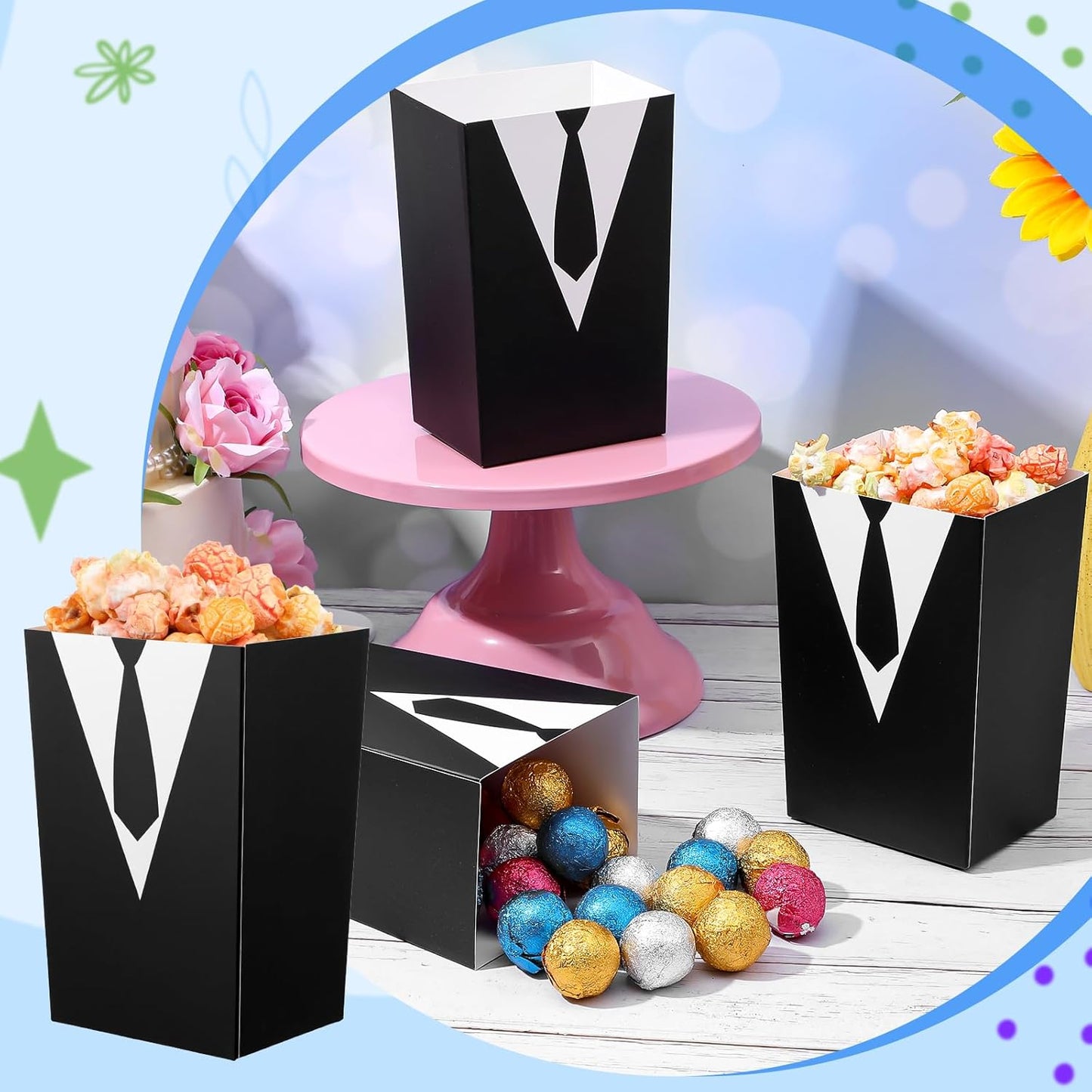 48 Pcs Tuxedo Popcorn Boxes, Black Tie Shirt Pattern Snack Bags Party Supplies, Disposable Popcorn Bags for Birthday Wedding Favors
