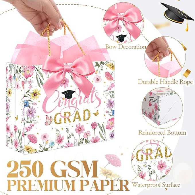 Maitys 12 Pack 13" Large 2026 Graduation Gift Bags Bulk with Handle, Tissue Papers, Cards, Ribbons Pink Class of 2026 Congrats Grad Wildflower Paper Wrapping Bag for College Graduation Party Supplies