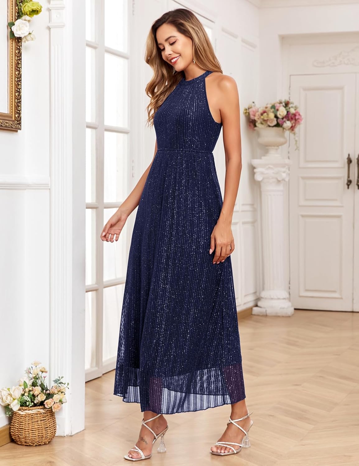 Maternity Sparkly Mesh Dress Halter Neck Sleeveless A Line Pregnancy Dresses Semi Formal Baby Shower Photoshoot