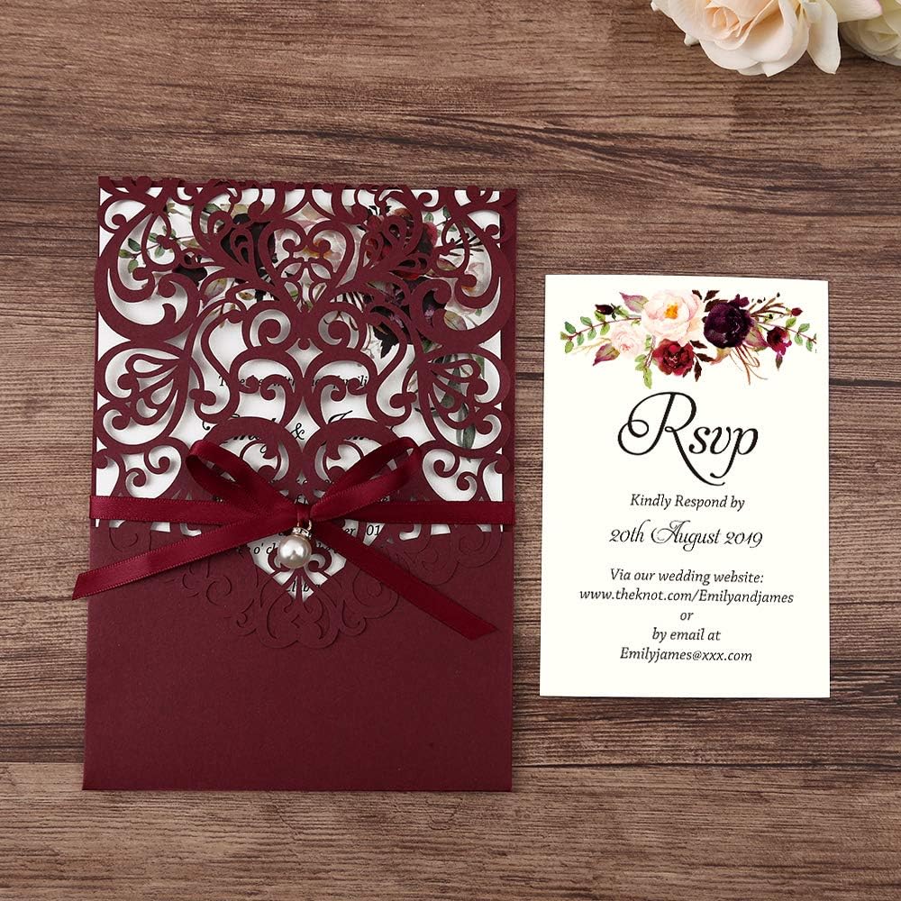 5X7.2 Inch 50PCS Personalized Laser Cut Burgundy Wedding Invitations with RSVP Cards and Envelopes, Wedding Invitation Cards with Ribbon Belly Band Pearl Embellishments