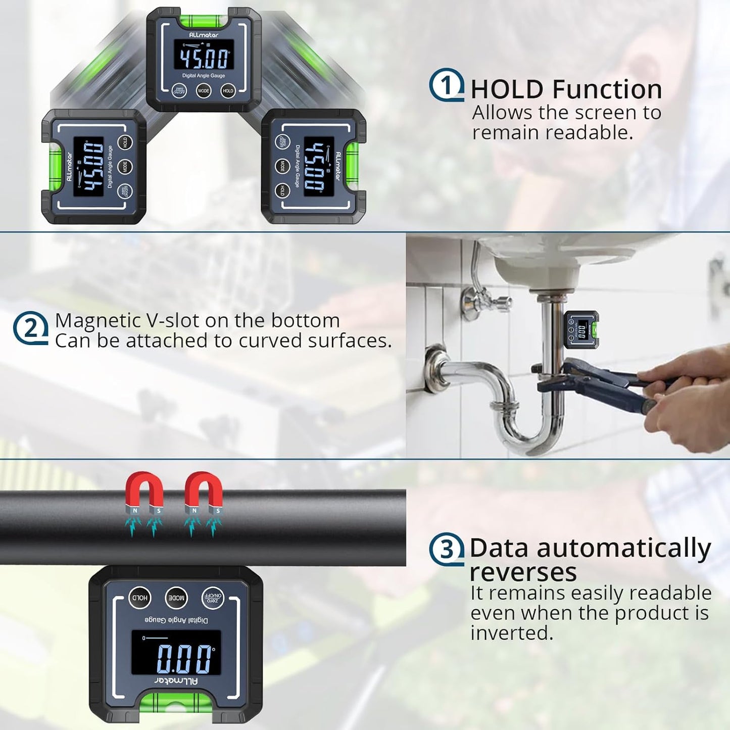 0-360°(4 * 90°) Digital Angle Finder Level Magnetic Electronic Gauge Inclinometer Protractor Tool with Bubble Level and Magnetic Base LCD Backlight For Construction Carpenter Craftsman Home