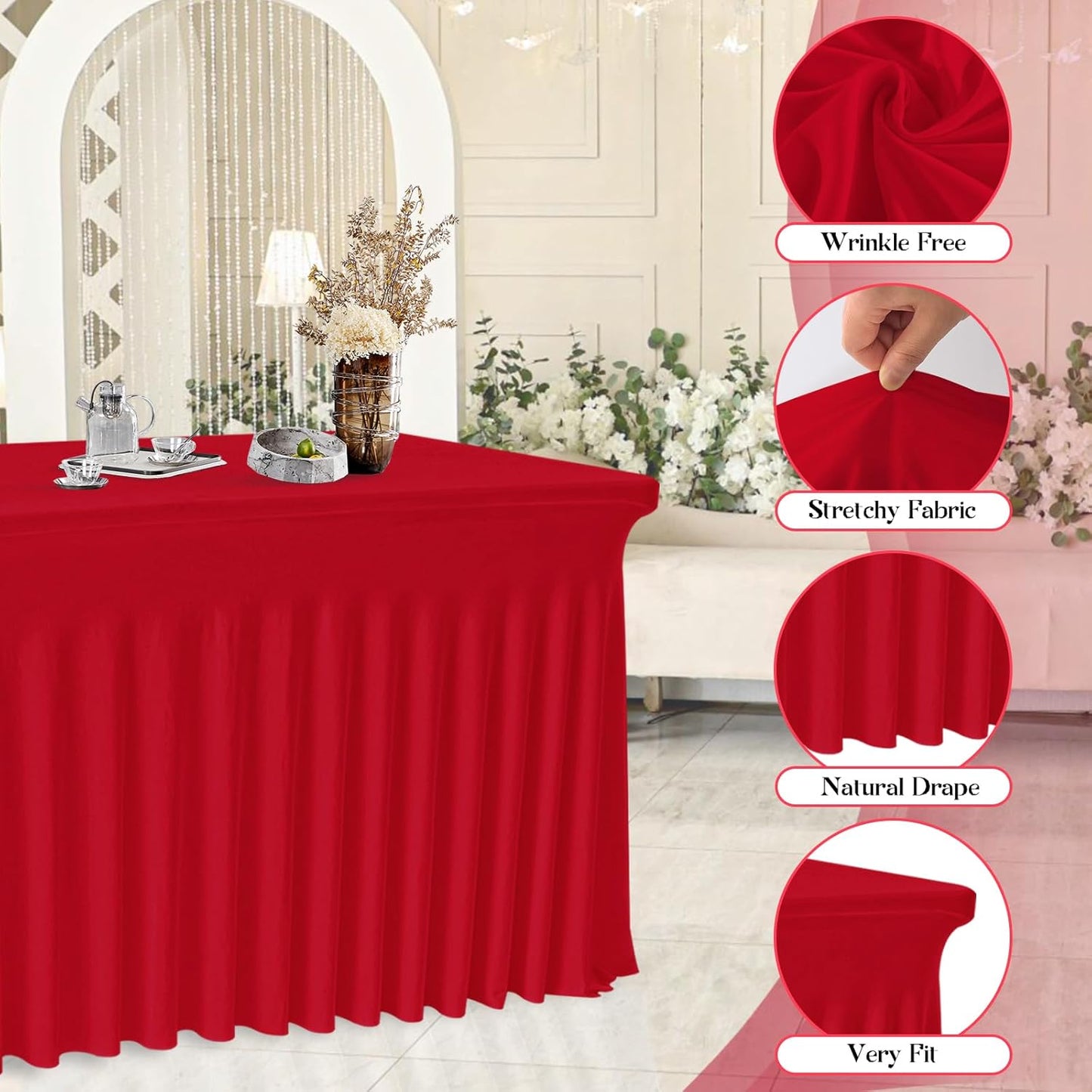6 Pack Red Rectangle Tablecloth with Elastic Table Skirt – 6FT Fitted Spandex Table Cover, 72 Inch Wrinkle-Resistant & Stretchable for Wedding, Banquet, Party, Buffet, Restaurant