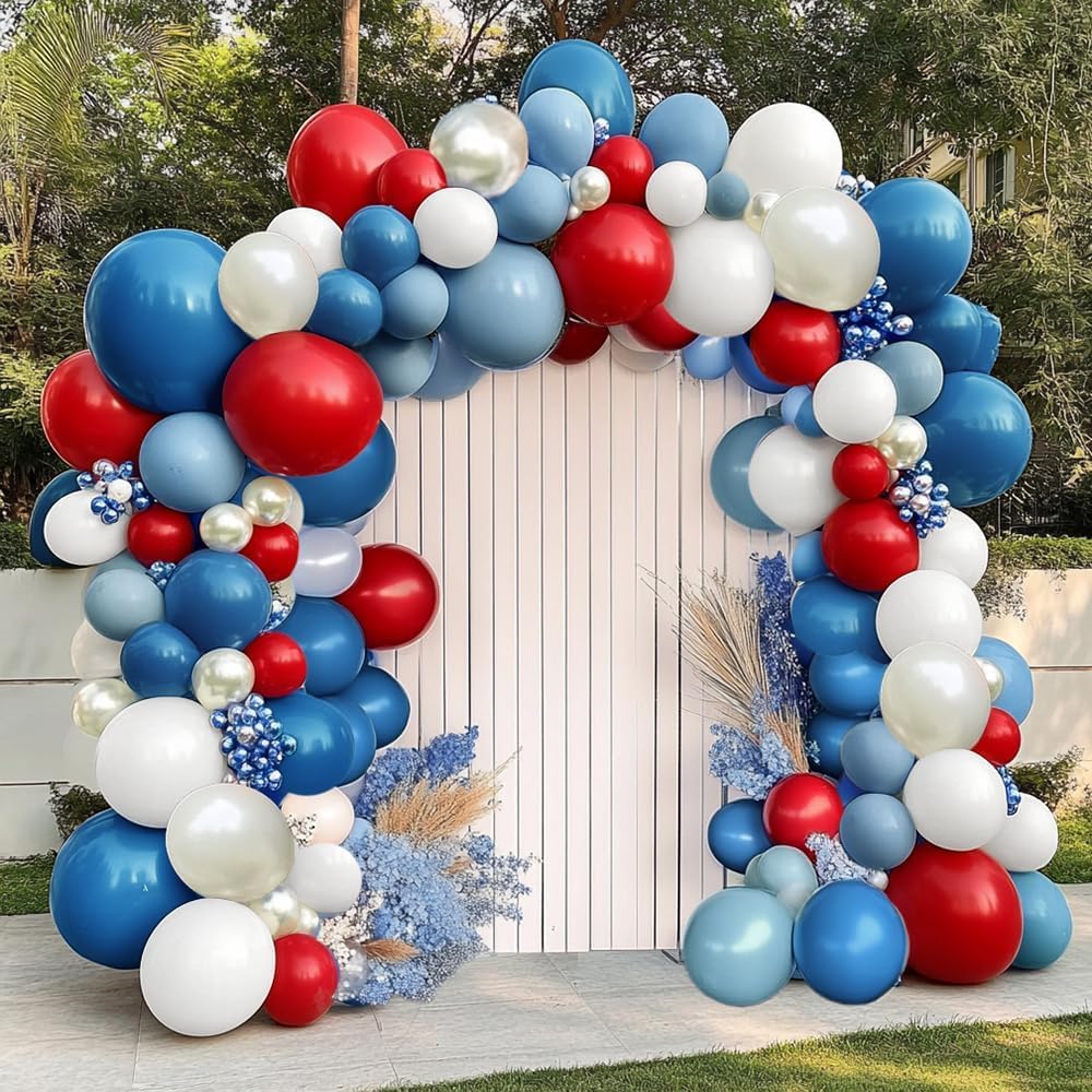 Red Blue White Balloon Garland Double Stuffed Royal Blue Red Balloons Pearl White Sand Pastel Latex Balloon Arch Kit for Birthday 4th of July Graduation Wedding Nautical Patriotic Party Decorations