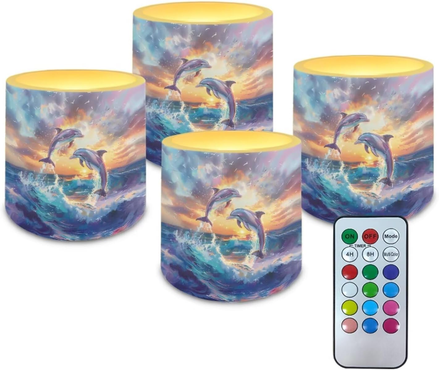 Poceacles 4 Pack Flameless LED Candles Remote Control Flickering LED Pillar Candles Battery Operated, Timer Multi-Color Options Tea Lights for Party Dinner Event Decor, Dolphin Sunset Print
