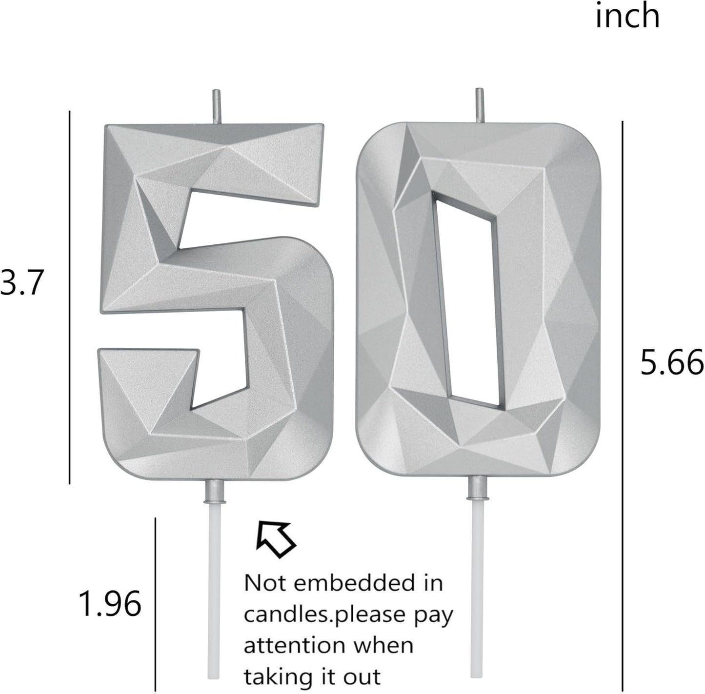 DERVENTA Birthday Candle Big Number 3D Silver 3.7 inch Party Celebration Anniversary Decoration Cake Topper 1 Piece (Number 50 Silver)