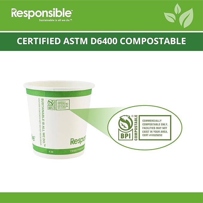 Responsible Products Certified Compostable 4 oz Paper Cups, Cold ＆ Hot Coffee Cups, Disposable Paper Cups, Extra Strength Disposable Cups, Made without PFAS (50 count)