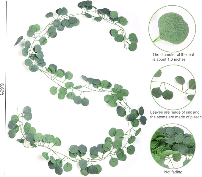 Artificial Vines Garland for Table Room Decor Faux Greenery Leaves Spring Fake Silver Dollar Runner for Wedding Christmas Home Bedroom Party Fireplace Mantle Wall (9, Eucalyptus)