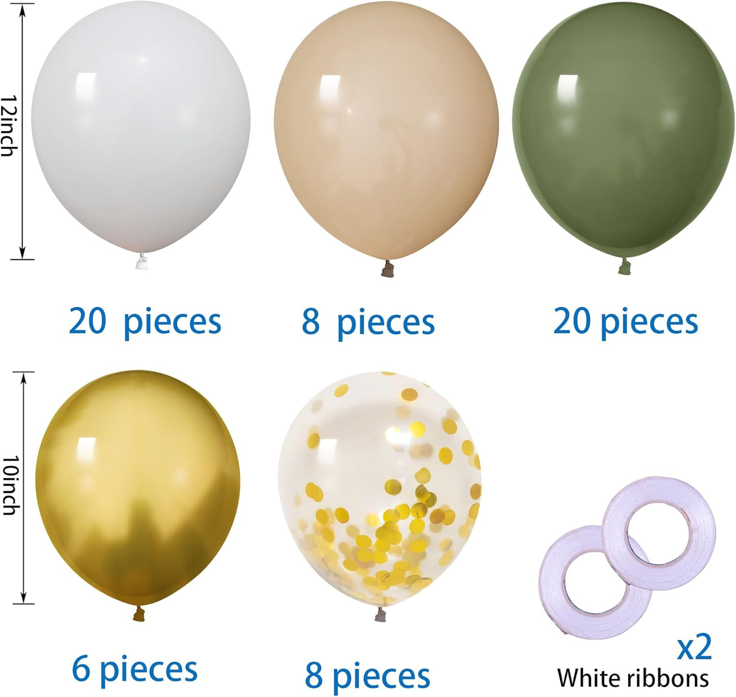 62Pcs 12Inch Sage Green White Gold Balloons Arch Kit, Green White Metallic Gold Confetti Balloons with Ribbons for Birthday, Wedding, Baby Shower, Graduation, Eucalyptus Party Decorations