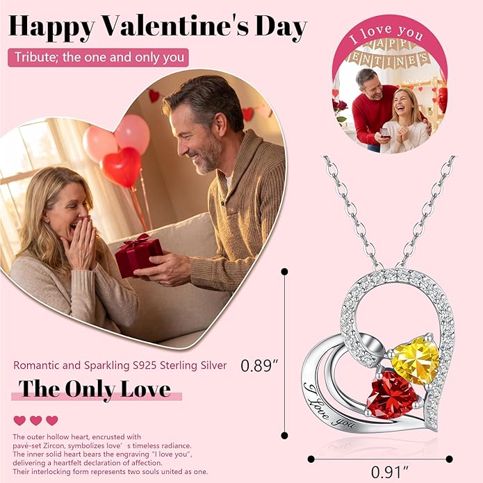 Double Birthstone Heart Necklace 0.8CT Dual-Gemstone S925 Sterling Silver Plated White Gold Engraved I Love You Perfect Anniversary/Valentine's Day Gift for Wife/Girlfriend/Mom/Daughter