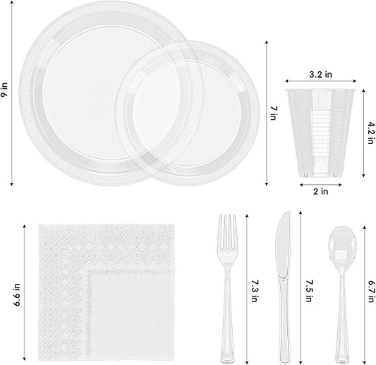 350 Pcs Clear Plastic Plates For Party, Clear Disposable Plates Set, 50 Of Each 9" Dinner Plate Set, 7" Dessert Plate, Cups, Napkins & Cutlery Plastic Dinnerware Exquisite