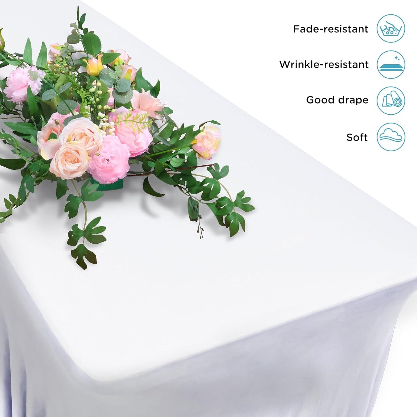 Table Skirts for 6ft Rectangle Tables - 2PCS White Table Covers for 6 Foot Tables, Wrinkle Resistant Ruffles Elastic Table Cloths and Table Skirt for Banquets/Weddings/Parties/Birthday