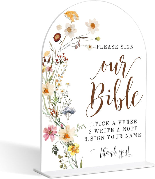 Wedding Bible Guest Book Sign, Flower Style Bridal Shower Signs for Engagement, Bridal Shower and Reception, Bridal Shower Decorations, Wedding Shower Favors, 6X8 Inch Acrylic Arch Sign with Stand,11