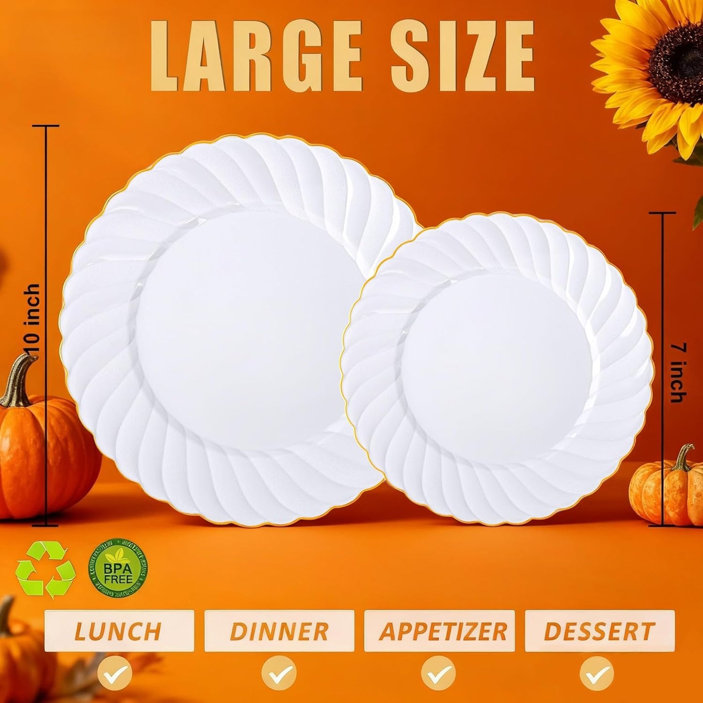 U-QE 60 Pcs Gold Plastic Plates for Party – Thanksgiving Plates Disposable Heavy Duty - White and Gold Plate Include 30 10" Dinner & 30 7" Dessert Plate, Perfect for Party & Wedding & Thanksgiving