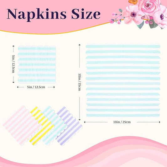 100 Pcs Cocktail Napkins Colorful Stripe Napkins with Scalloped Edges 5 x 5 Inch Dinner Napkins Disposable Thick Paper for Wedding Dinner Birthday Party - Assorted Colors Pink Purple Yellow Blue
