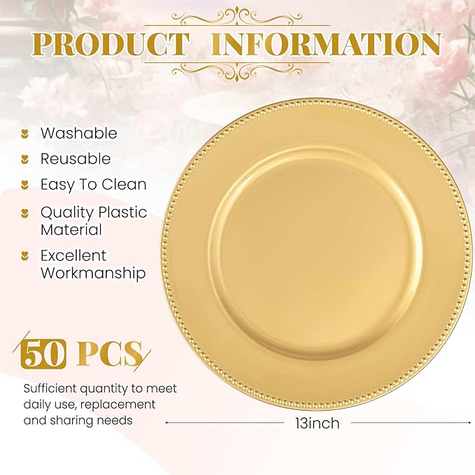 50 Pcs Gold Charger Plates Bulk, 13" Round Beaded Plate Chargers for Dinner Plates, Decorative Dinner Chargers Plastic Table Chargers for Wedding Holiday Party Baby Shower Event Decoration (Gold)