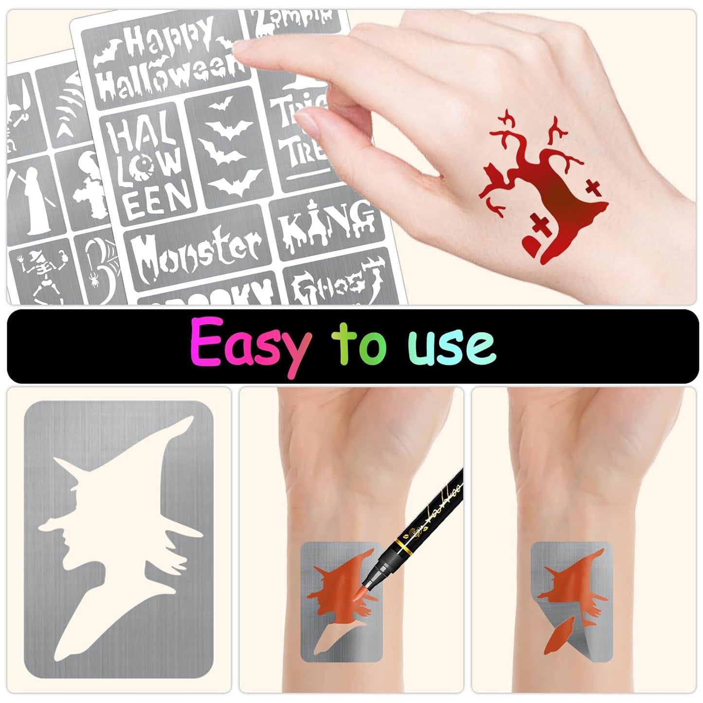 135 PCS Temporary Tattoo Stencils for Kids and Adults Halloween Party Supplies, 12 Sheets Halloween Ghost Witch Bat Glitter Tattoo Stencil for Boys Girls, Face and Body Paint Stencils Kit, Reusable