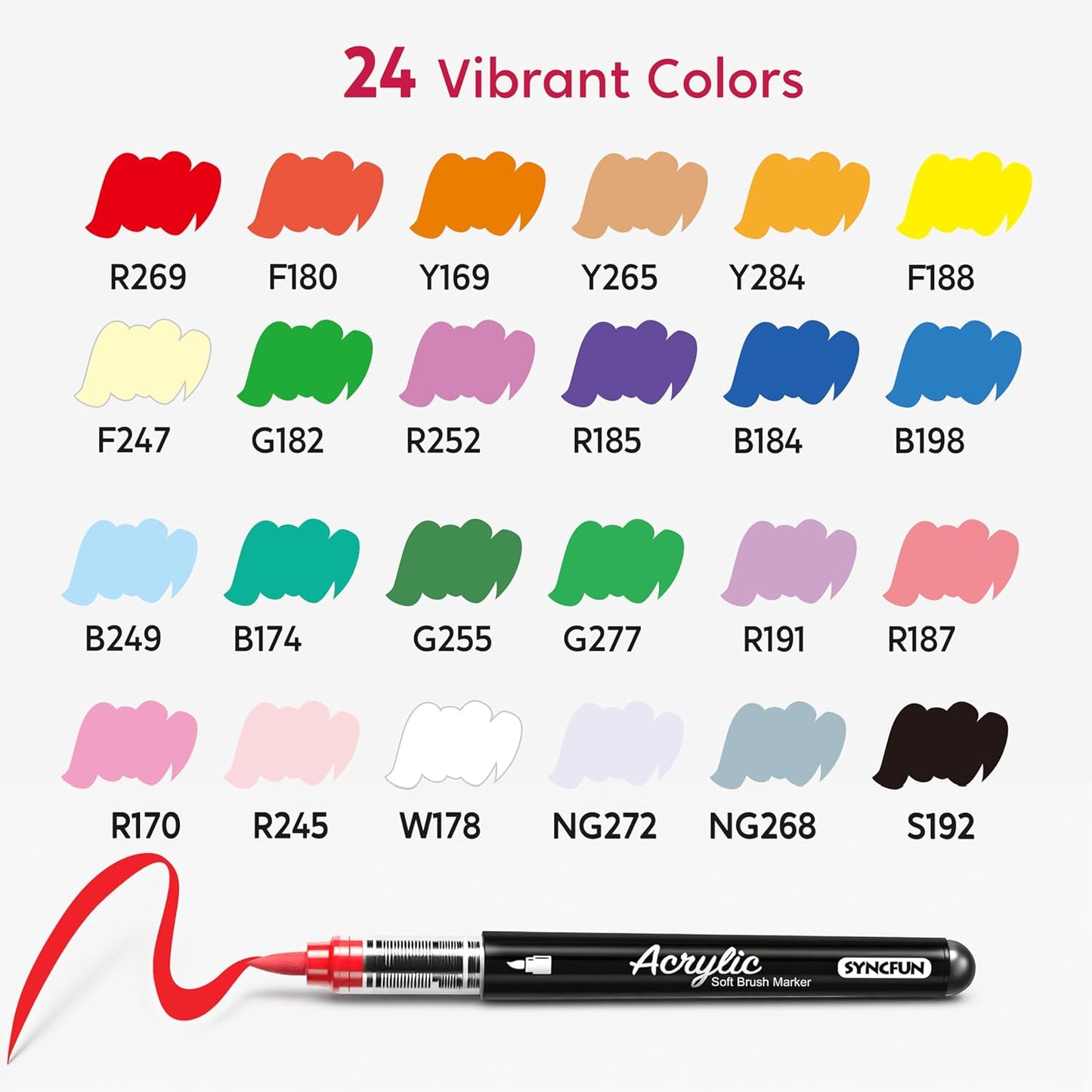 SYNCFUN 24 PCS Acrylic Paint Markers, Brush Tip Markers, Waterproof Paint Coloring Pens for Drawing, Art Supplies & Kids DIY Craft, Fabric, Canvas, Rock Painting, Wood, Glass
