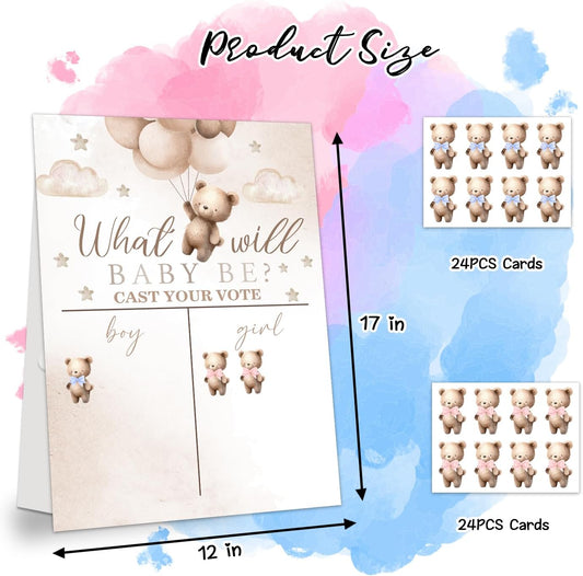 LNOKRIM Gender Reveal Party Games, Teddy Theme Baby Gender Reveal Voting Board Sign, 48 Boys Girls Teddy Voting Stickers, He or She, Baby Gender Reveal Party Decorations Games for Boy or Girl Shower