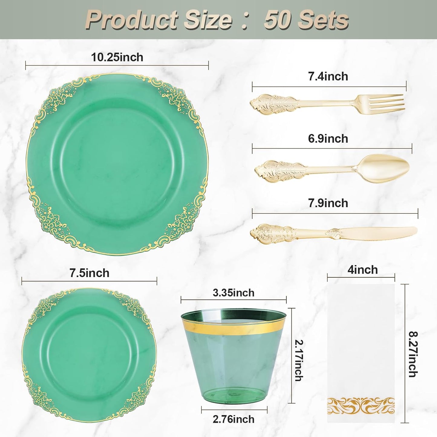 350PCS Clear Green Plastic Plates for 50 Guests, Disposable Plates with Gold Trim include 100 Dinner Plates, 150 Gold Silverware, 50 Cups, 50 Napkins for Party, Wedding and Graduation