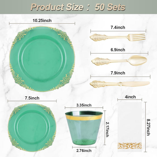 350PCS Clear Green Plastic Plates for 50 Guests, Disposable Plates with Gold Trim include 100 Dinner Plates, 150 Gold Silverware, 50 Cups, 50 Napkins for Party, Wedding and Graduation