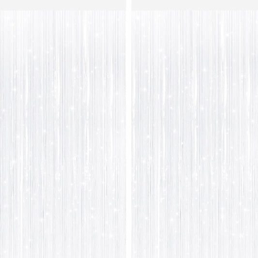 2 Pack White Metallic Tinsel Foil Fringe Curtains, Door Streamers Photo Booth Backdrop for Birthday Party, Tinsel Curtain Backdrop for Baby Shower Bachelorette Christmas Party Decorations