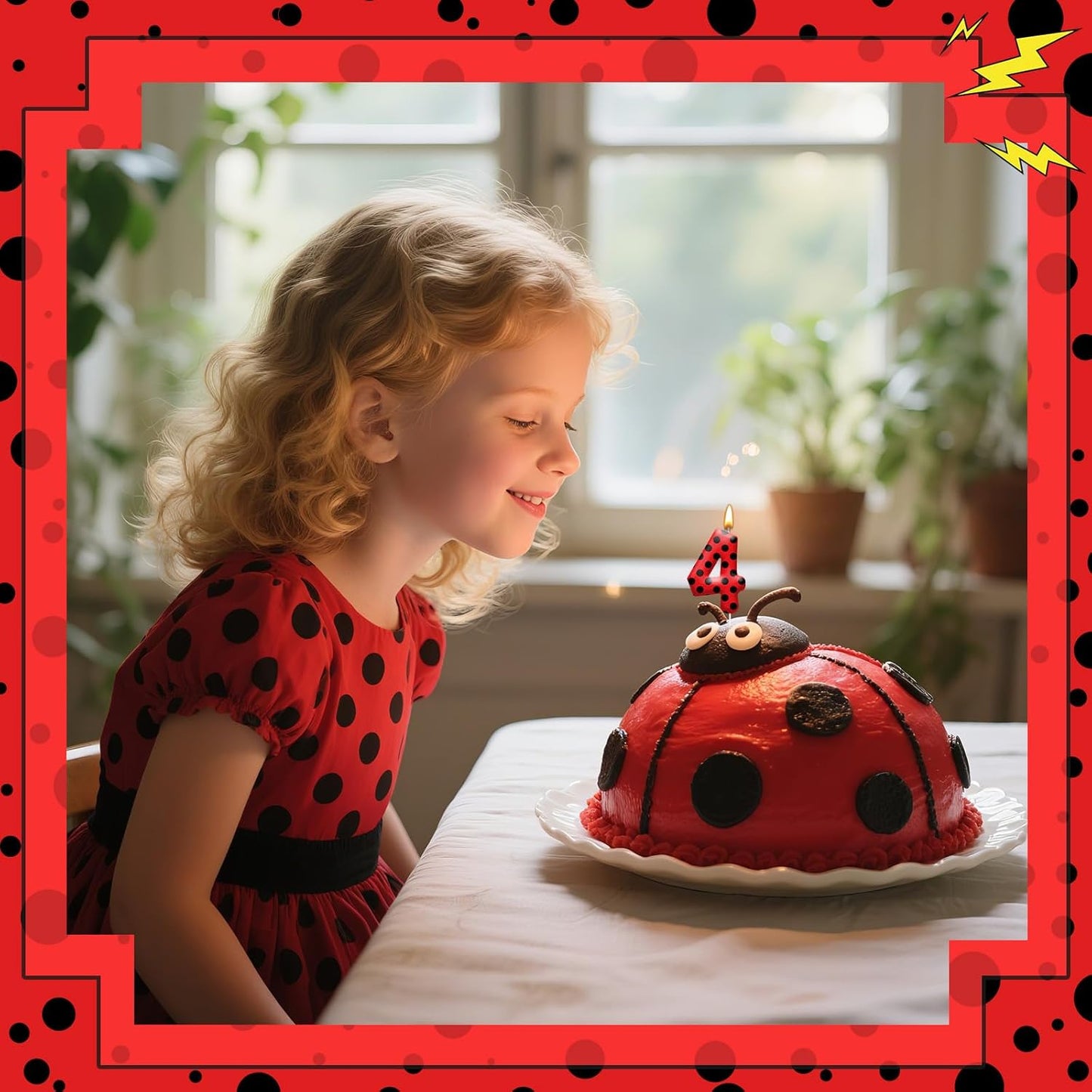 Ladybug Theme Birthday Candles - Red & Black Polka Dot Decorative Candles for Kids Ladybug Themed Parties, Baby Showers, Birthday Cakes, and Ladybird Inspired Celebrations(Number 4)