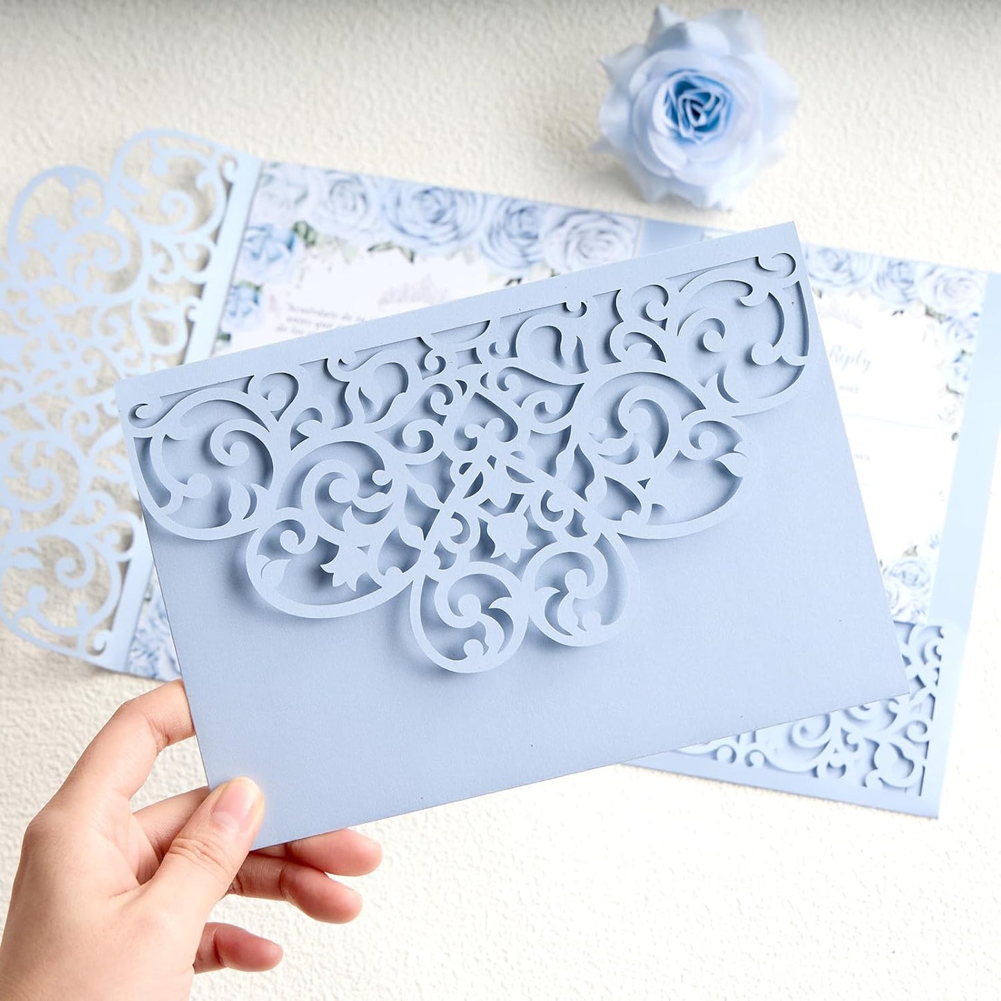 Laser Cut Wedding Invitations Haze Blue Tri-Fold Personalized Birthday Invitations 50Pcs with Envelops and RSVP Cards for Wedding Bridal Shower Quinceanera Engagement Party Invite