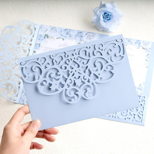 Laser Cut Wedding Invitations Haze Blue Tri-Fold Personalized Birthday Invitations 50Pcs with Envelops and RSVP Cards for Wedding Bridal Shower Quinceanera Engagement Party Invite