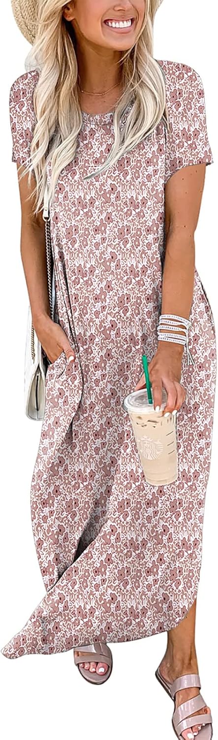 ANRABESS Womens Summer Maxi Dress Short Sleeve Casual Loose Long T Shirt Dresses Split Vacation Beach Sundress Travel Outfits