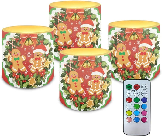 Poceacles Battery Operated LED Candles Set of 4 Remote and Timer Flameless Votive Candles, Christmas Flickering Tea Light for Home Parties Holidays Decor, Gingerbread Man Christmas Wreath Red