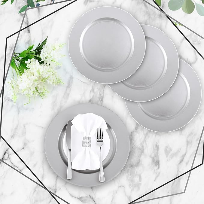 Tanlade 12 Pcs 13 Inch Charger Plates Bulk Round Wedding Chargers Plastic Dinner Plates for Table Setting Wedding Party Decoration (Silver White)