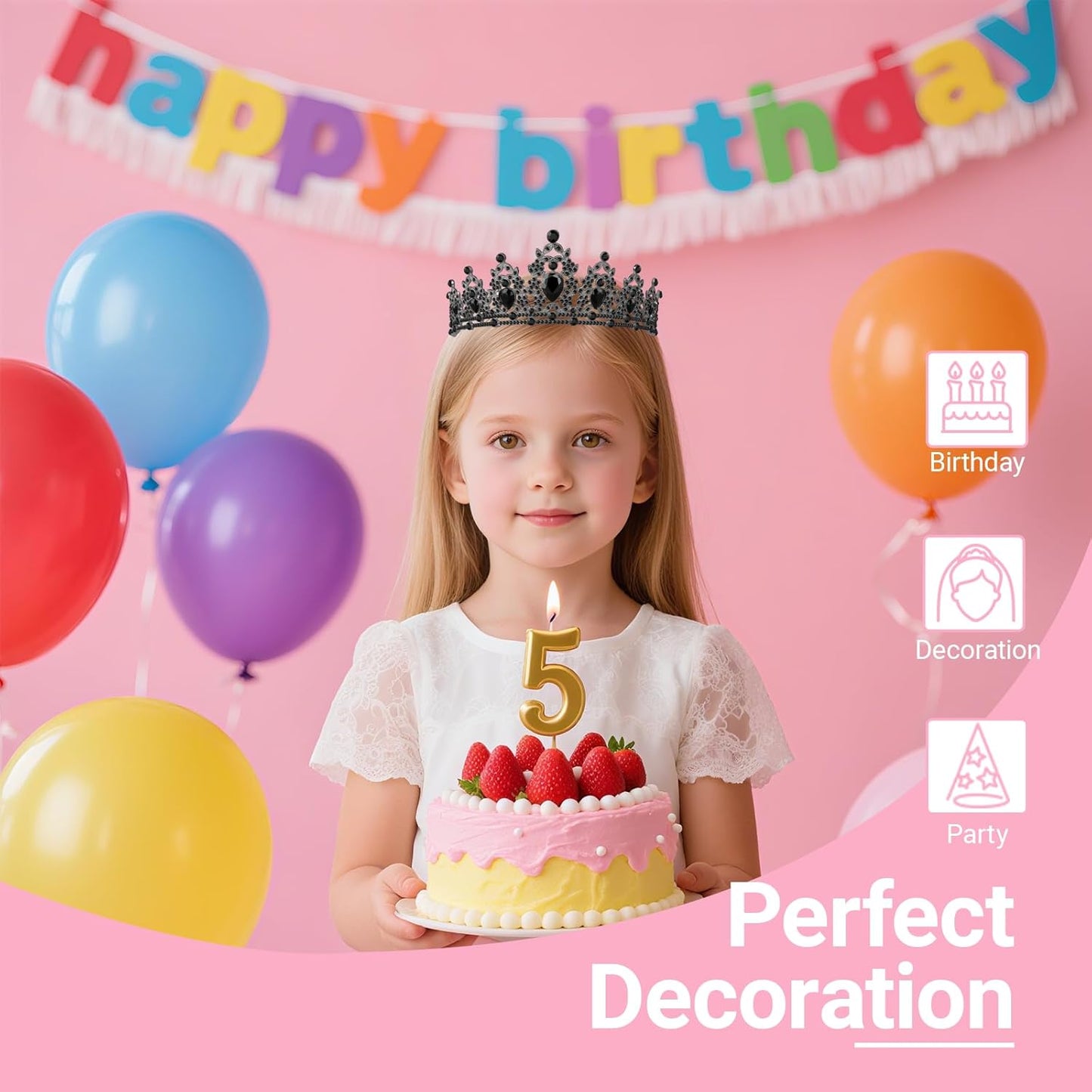 Birthday Tiara and Crown with Sash, Birthday Tiara for Women Party (Black)