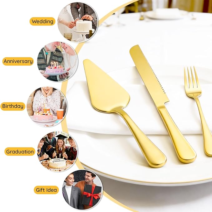 SUREAM Gold Cake Slicer 4PCS, 13 Inch Extended Wedding Cake Knife Stainless Steel, Pie Knife and Server for Wedding Birthday Anniversary Christmas Party and Event Gift