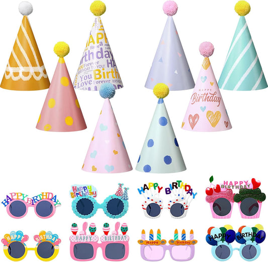 16 Pcs Birthday Party Hats Party Cone Hat with Pom Poms Birthday Glasses Photo Booth Props for Kids Adults (Delicate Style)