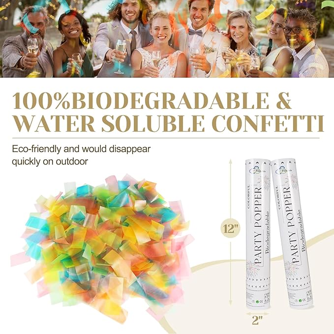 Rice Paper Biodegradable Confetti Cannon,6Pack Biodegradable Mulitcolor Confetti Poppers Party Shooters,12inch Party Poppers For Lawns Wedding,Birthday,Celebrations,Photo Shoots and New Years.