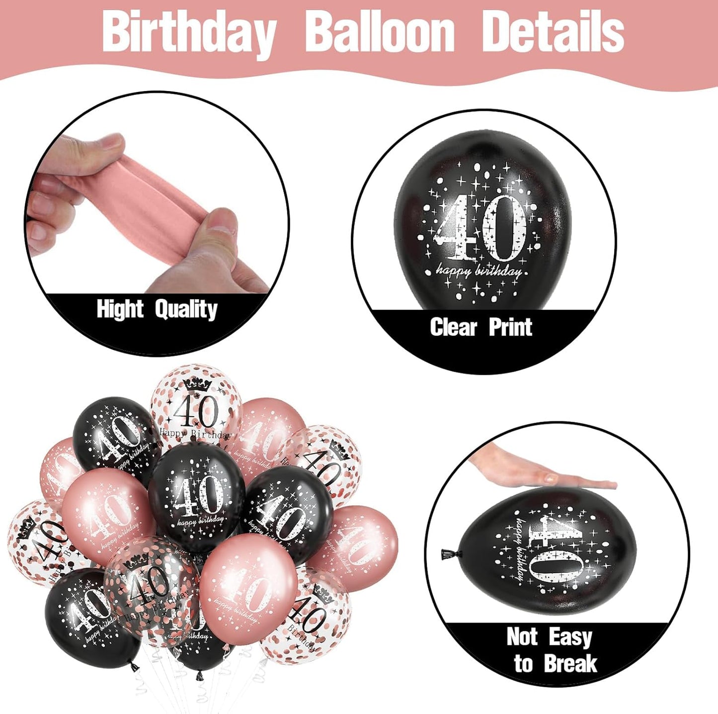 Black Rose Gold Happy 40th Birthday Balloons, 15 Pieces 40th Birthday Decorations for Women, 40th Latex Helium Balloons for Her Age 40 Years Old 40th Birthday Party Decor Celebration Supplies