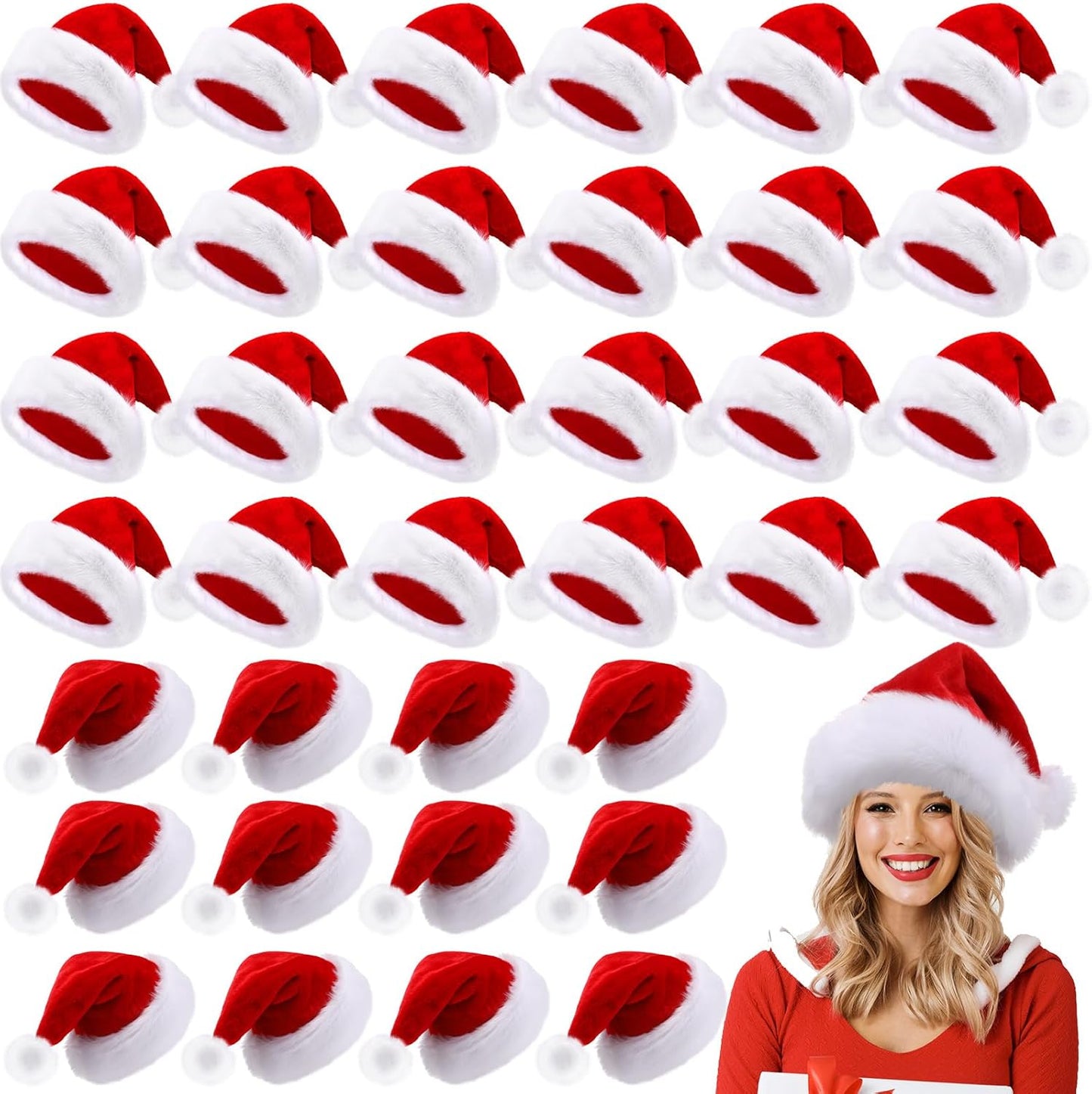 Ramede 36 Pcs Christmas Hats Adult Red/Green/Blue Plush Santa Hats Bulk for Women Men Christmas Xmas Holiday Costume
