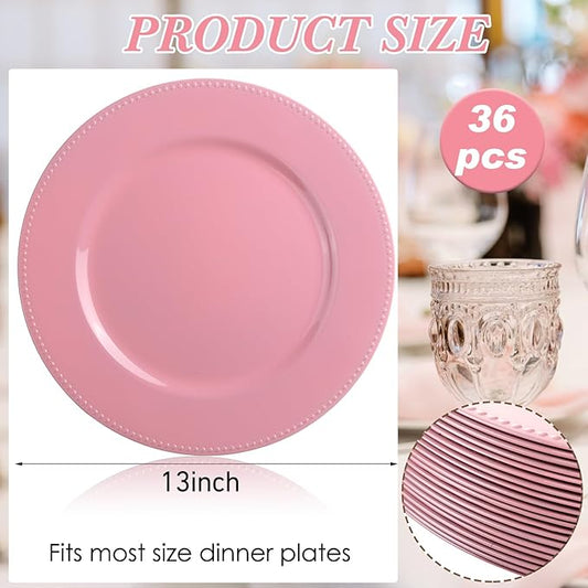 Jinei 36 Pack Pink Charger Plates 13 Inch Plastic Beaded Round Charger Plates Wedding Table Decoration Reusable Dinner Plate Tray for Birthday Party Holiday Event