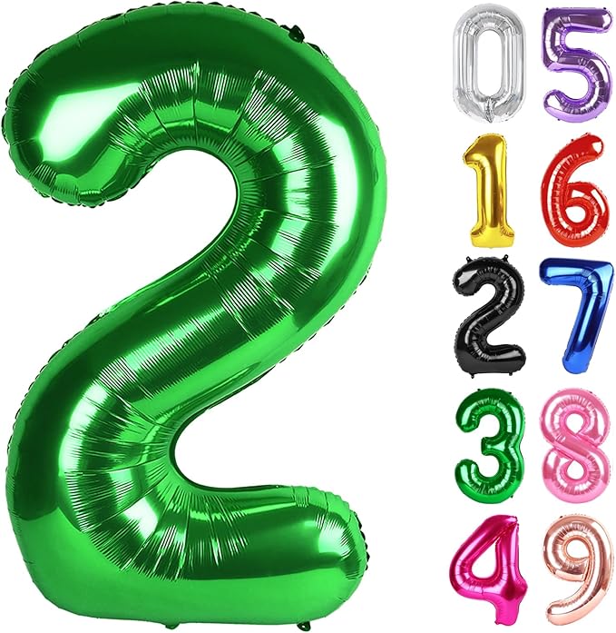Dark Green Number 2 Balloon 40 Inch, 2nd Birthday Decoration for Toddlers Girls Boys, Sparkling 2 Number Balloon Party Decor
