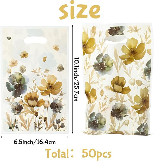 3sscha 50Pcs Brown Poppy Party Favor Bag - Flower Plastic Waterproof Goodie Bags Spring Summer Bloom Floral Rectangular Gift Bags for Birthday Centerpiece Decoration Party Supplies