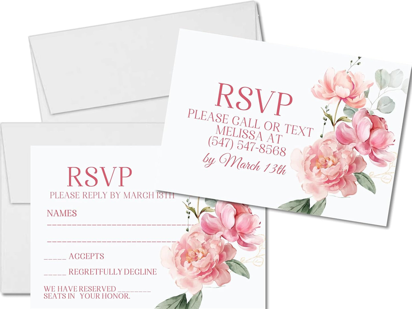 Pink & Peach Floral Wedding Invitations, Garden Design, Personalized, Set of 12 Invitations with Envelopes