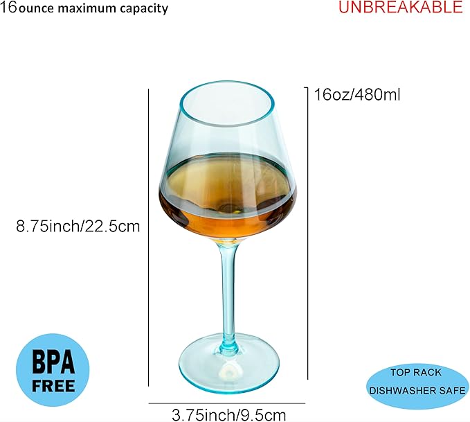 16-ounce Plastic Stem Wine Glasses, All Purpose Arcylic Glasses, set of 6 Multicolor Reusable Shatter-resistant Dishwasher Safe