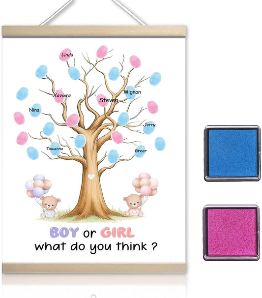 Baby Shower Guest Book Fingerprint Tree Canvas, Gender Reveal Fingerprint Tree Boy or Girl Party Ideas, Special Meaningful Canvas Decoration, Baby Shower Gender Reveal Party Supplies(12x15in)