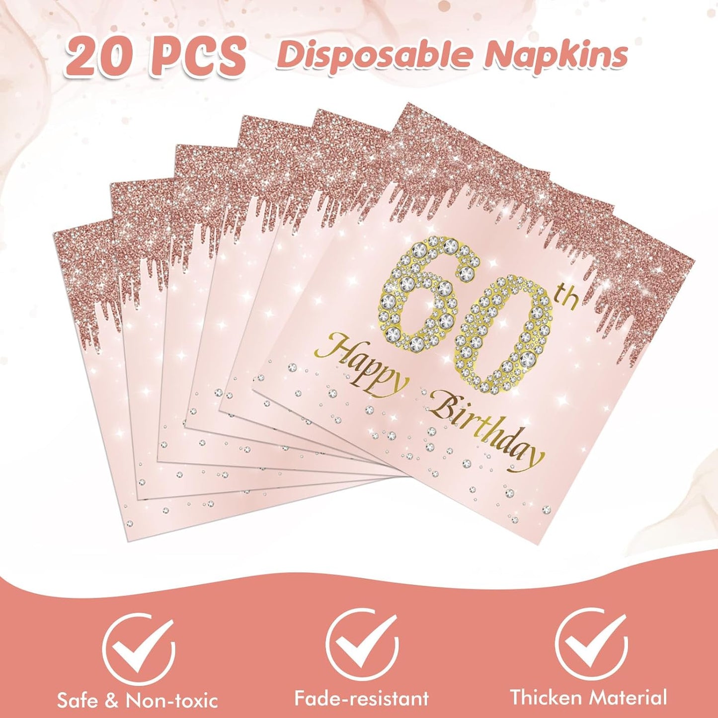 60th Birthday Decorations for Women, Rose Gold Sixty Year Old Party Supplies Include 20 Plates 20 Napkins, Pink 60 Aged Birthday Party Tableware