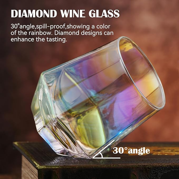 CUKBLESS Wine Glasses Set of 6 (10 Oz), Stemless Wine Glass for Red and White Wine, Iridescent Diamond Shaped Glassware for Whiskey, Cocktail, mixed wine, soft drink, and more