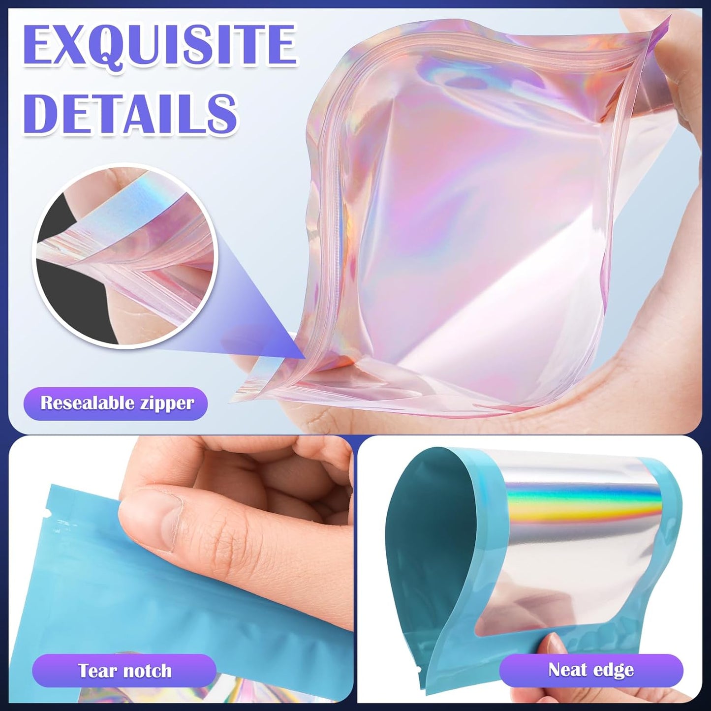 300 Pcs Mylar Bags, Smell Proof Bags Foil Pouch, Holographic Resealable Bags for Small Business, Candy Sample Jewelry Bag Sealable Packaging for Party Favor Food Storage (3x5in-Blue)
