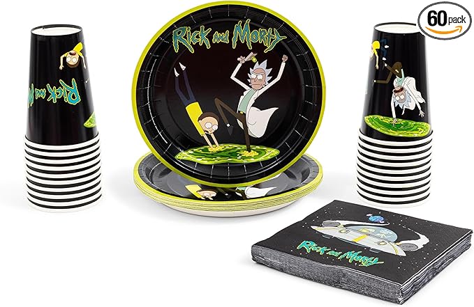 Silver Buffalo Rick and Morty in the Portal 60 Pack Partyware Disposable Paper Plates, Napkins, and Cups