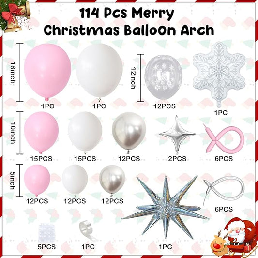 Pink Winter Wonderland Balloon Arch Garland Kit, Pink White Metallic Silver Balloons with Snowflake Star Foil Balloons for Winter Christmas Baby Its Cold Outside Baby Shower Birthday Party Decorations