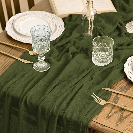 Artoid Mode Boho Cheesecloth Gauze Olive Green Wedding Table Runner, 120 Inch Seasonal Fabric Kitchen Dining Holiday Table Decor for Home Party Indoor